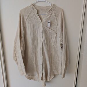 Aerie Womens S Beige NWT Gauzy Coverup Shirt Beach Vacation Resortwear Coastal